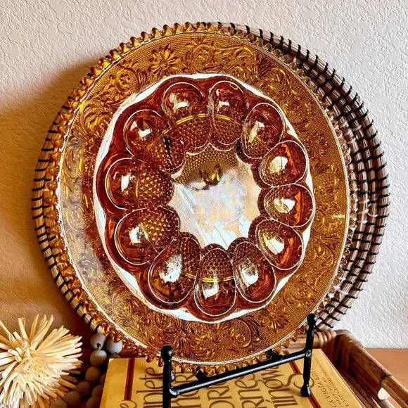 Vintage Amber Tiara Glass Saw Tooth Edge Egg Platter Marigold Carnival Glass - Picture 4 of 5